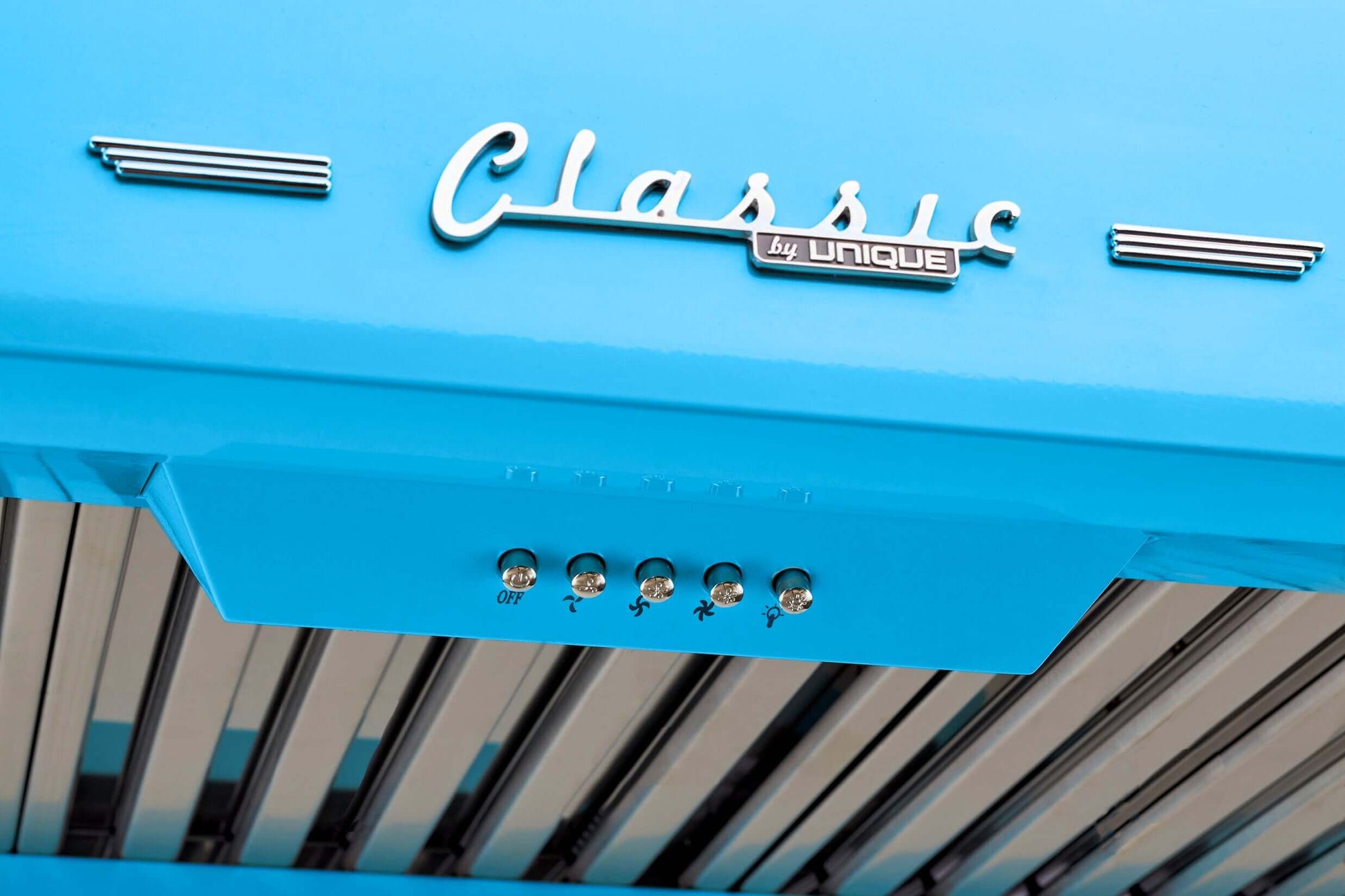 Alt Tag: Unique 24" Classic Retro Range Hood in blue, perfect for cabin kitchens. Available at Cabin Depot.