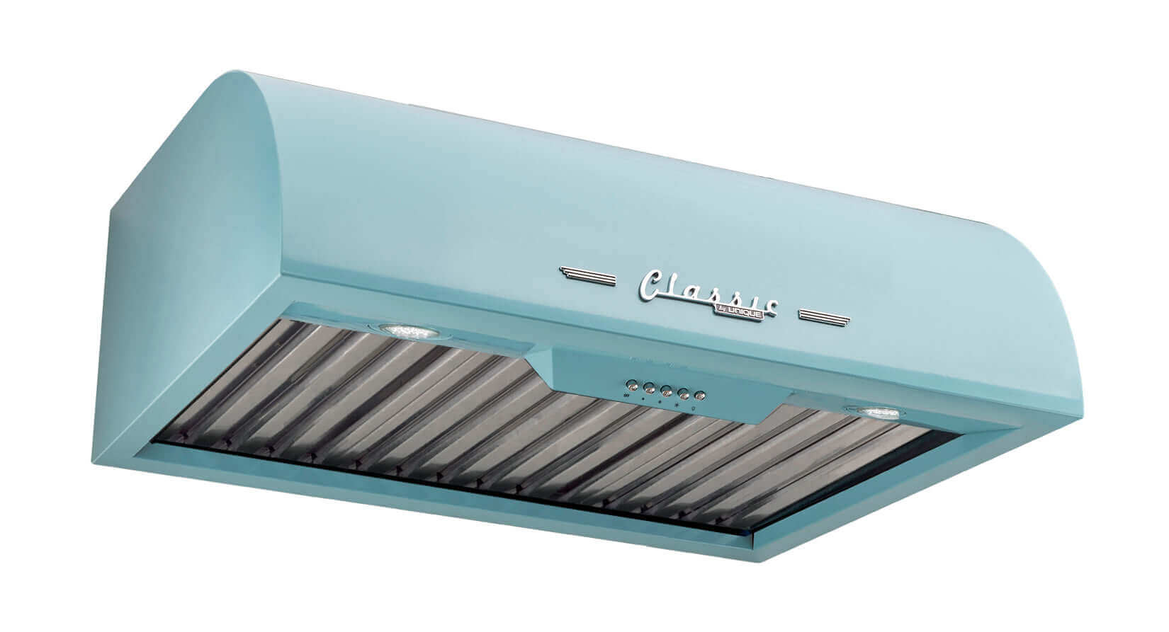 Unique 24" Classic Retro Range Hood in blue, featuring 50s style design, powerful motor, and LED lights. Available at Cabin Depot.