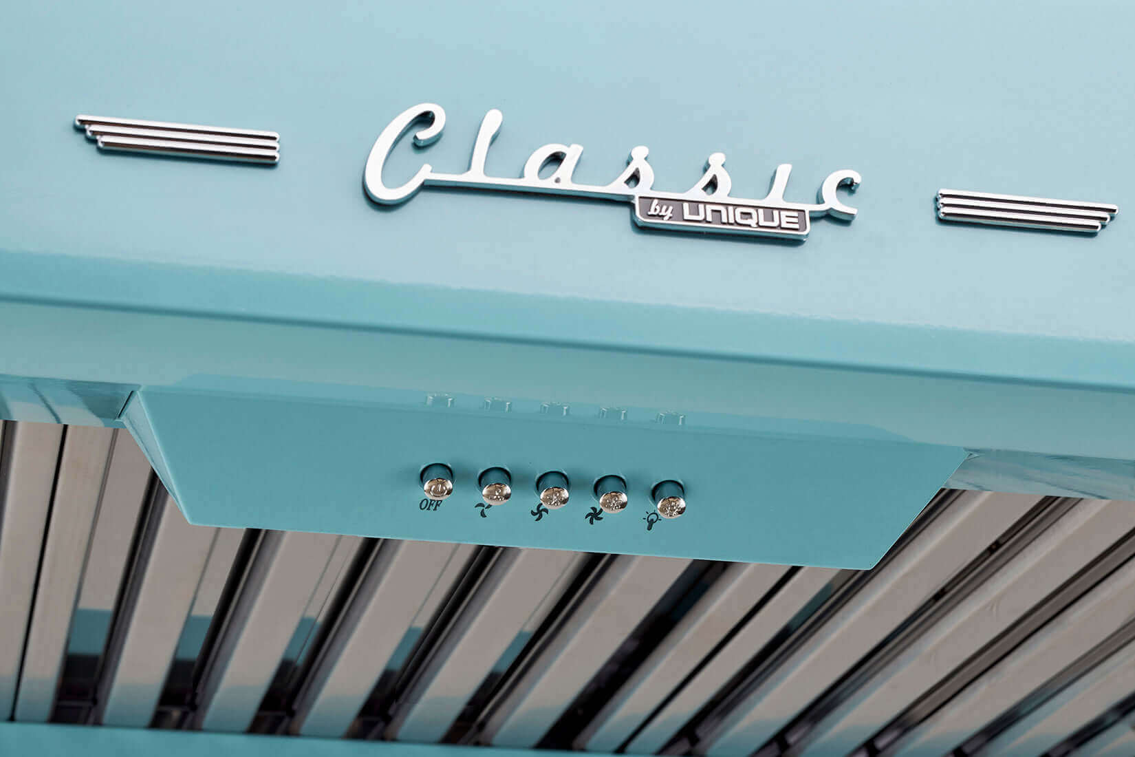 Unique 24" Classic Retro Range Hood in blue, featuring 50s design with LED lights, available at Cabin Depot for vintage kitchen enthusiasts.