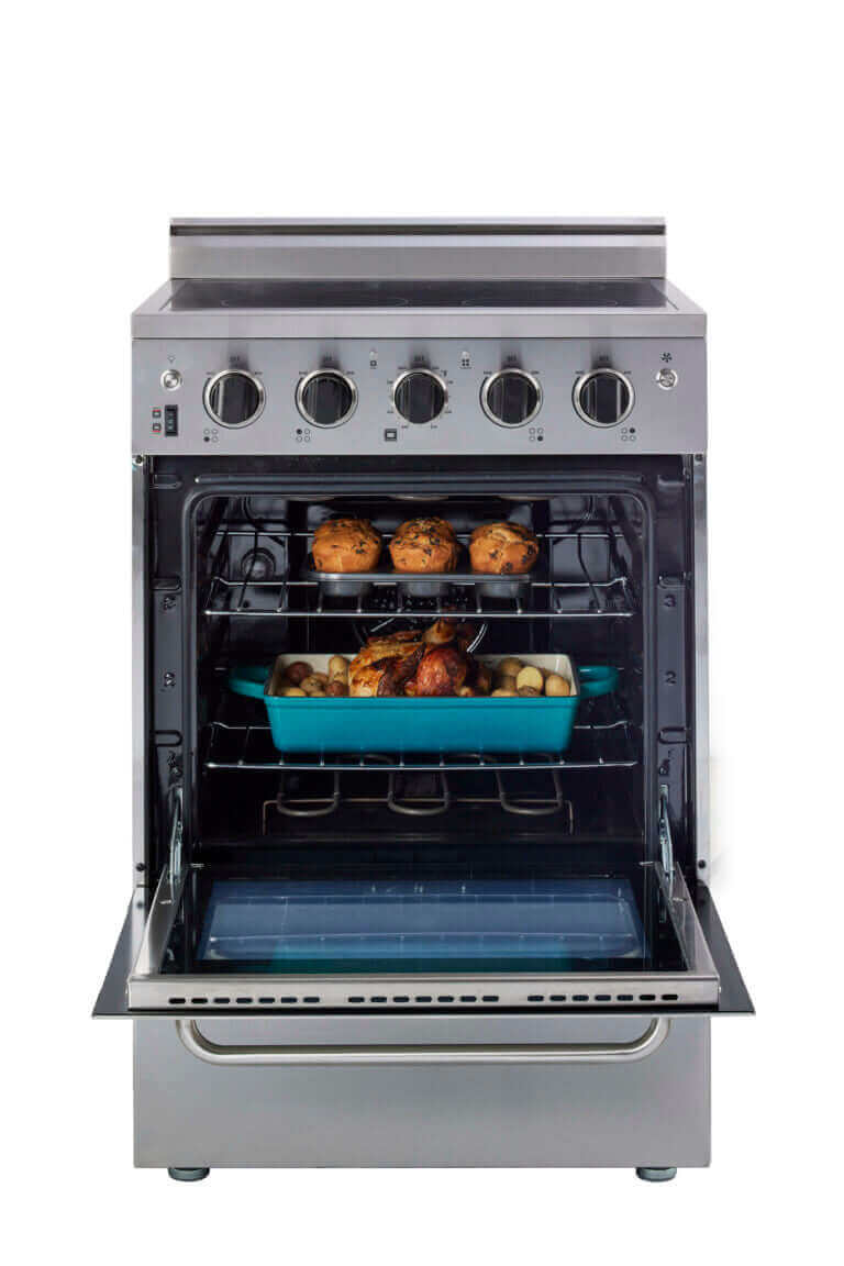 Unique 24" Prestige Convection Electric Range stainless steel with smooth glass cooktop and hot burner indicator - Cabin Depot