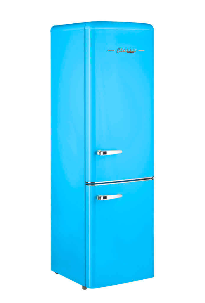 Bright blue Unique 9 Cu/Ft Bottom Mount Retro Refrigerator available at Cabin Depot, ideal for grid-tied homes, requires inverter for off-grid use.