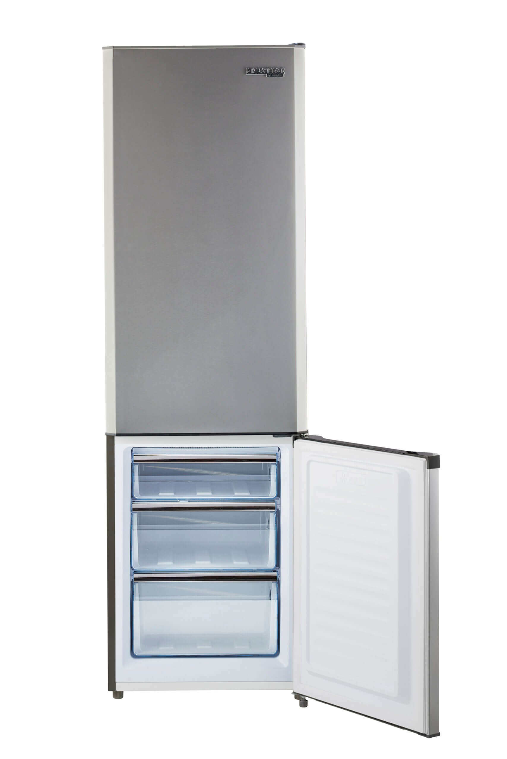 Unique 9 Cu/Ft Prestige Electric Bottom Mount Refrigerator with Stainless Steel finish from Cabin Depot with open bottom freezer section.