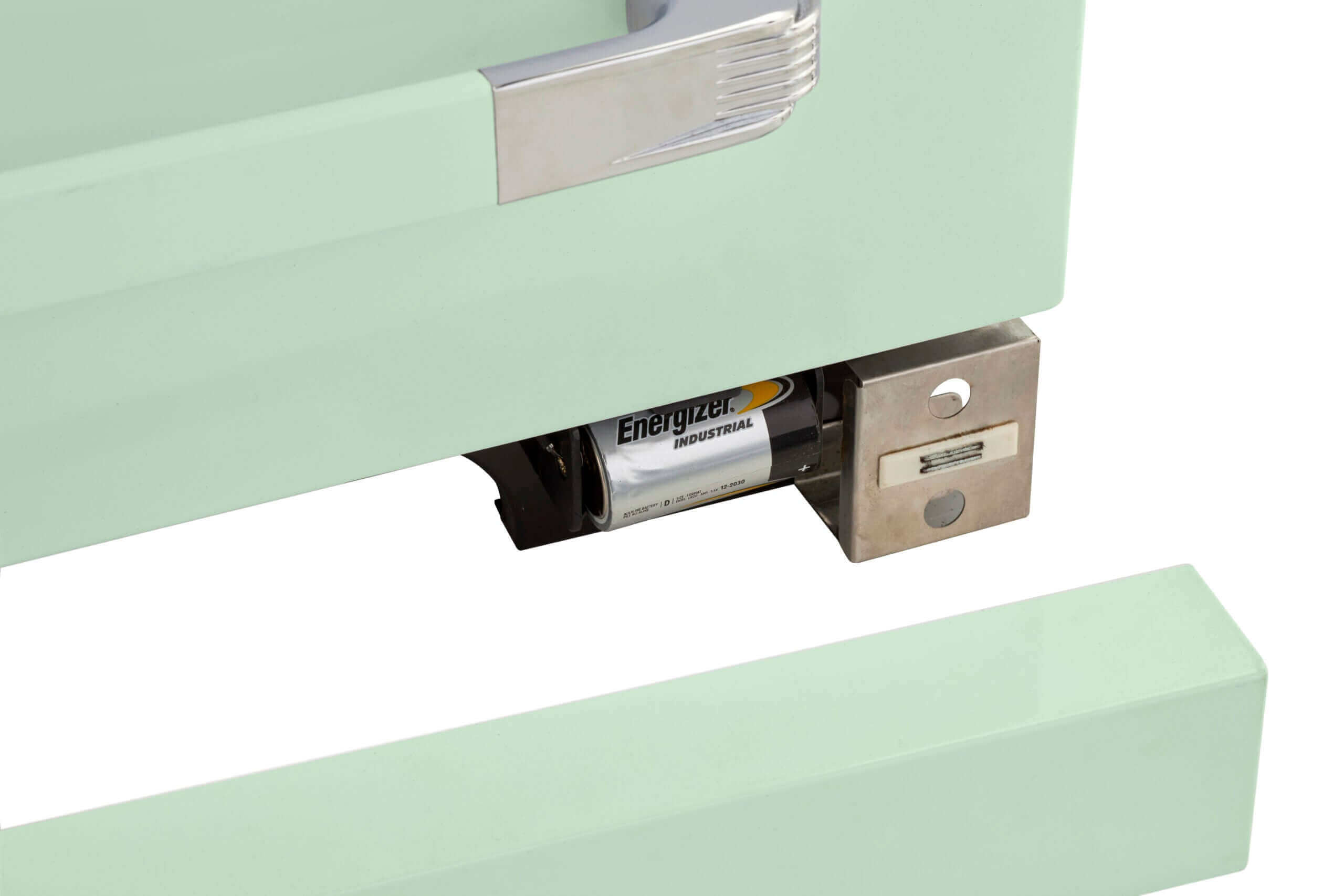 Battery compartment of Unique 30" Classic Retro Propane Off-Grid Range for remote cabins, available at Cabin Depot.