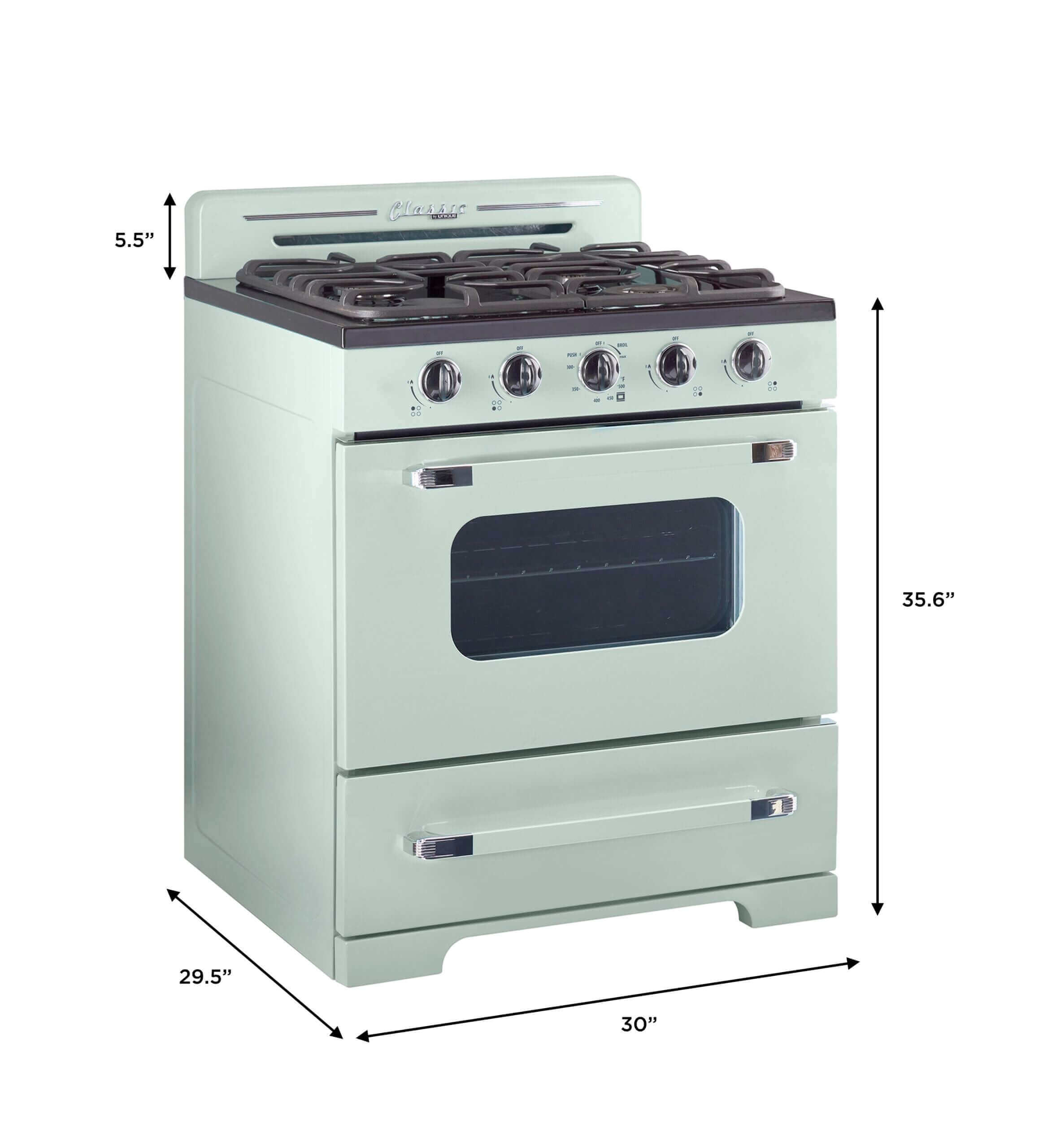 30-inch Classic Retro Propane Off-Grid Range with Battery Ignition; perfect for cabin kitchens; available at Cabin Depot.