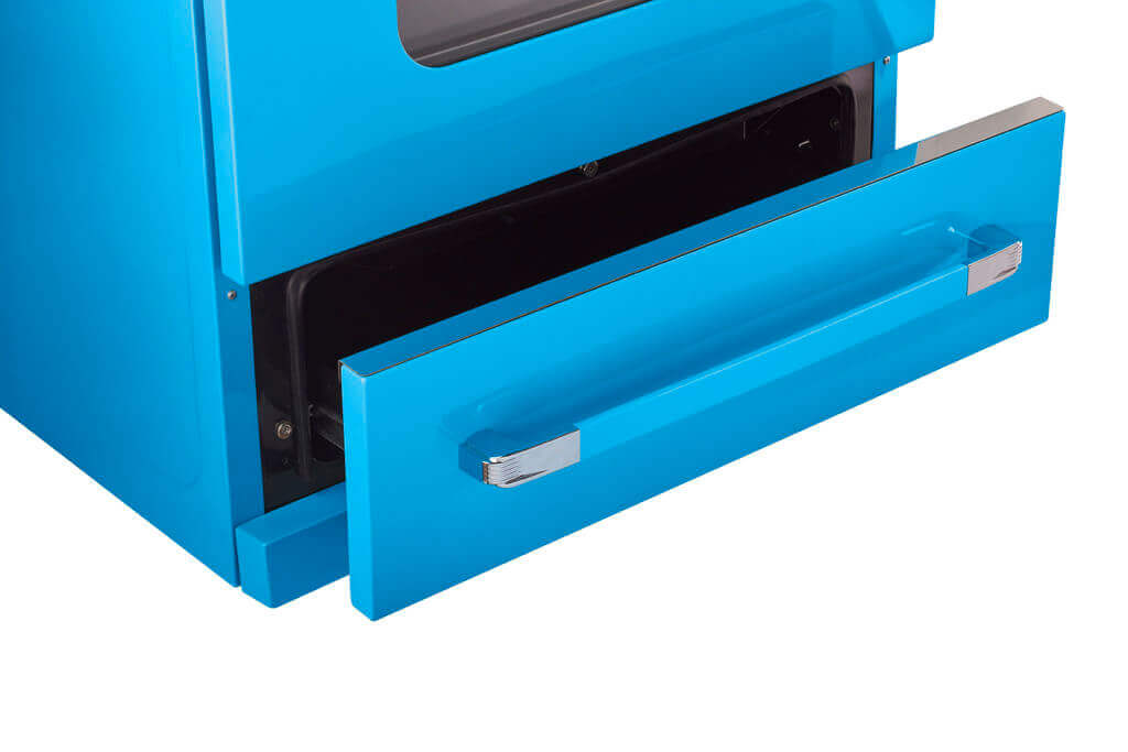 Close-up of Unique 30" Classic Retro Convection Gas Range at Cabin Depot, showcasing chrome accents and bright retro design.