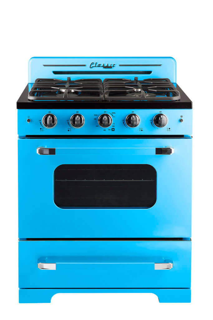 Unique 30-inch Classic Retro Gas Range with Chrome Accents, featuring Electronic Ignition from Cabin Depot.