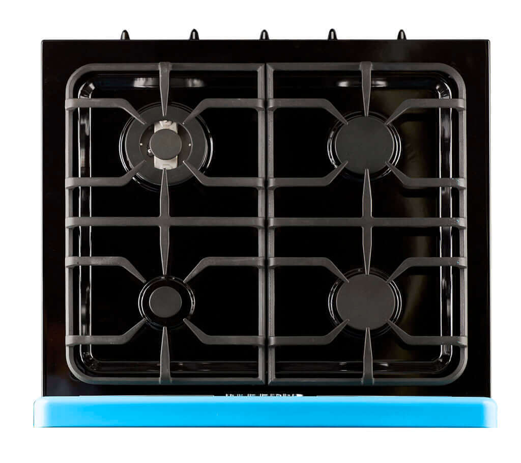 Top view of Unique Classic Retro 30" Convection Gas Range with blue accents, available at Cabin Depot.