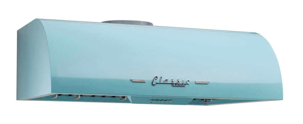 Unique 30" Classic Retro Range Hood, blue with chrome accents, ideal for vintage kitchens. Available at Cabin Depot.