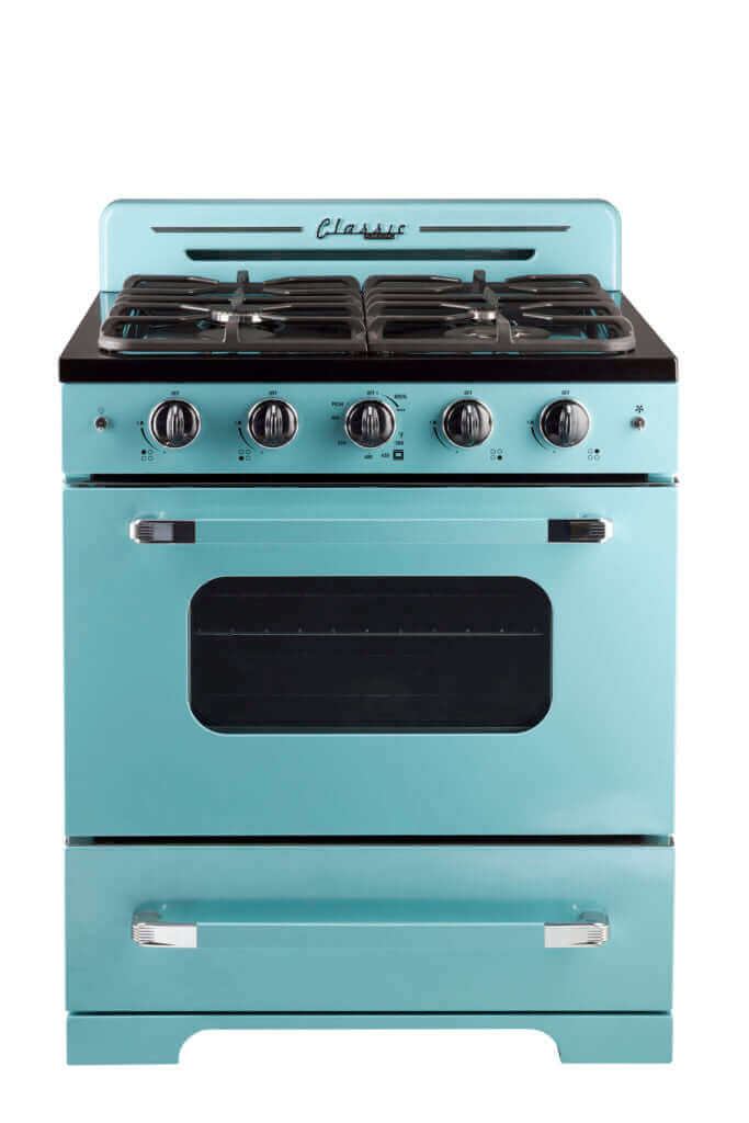Unique 30" Classic Retro Convection Gas Range in blue with electronic ignition, available at Cabin Depot.