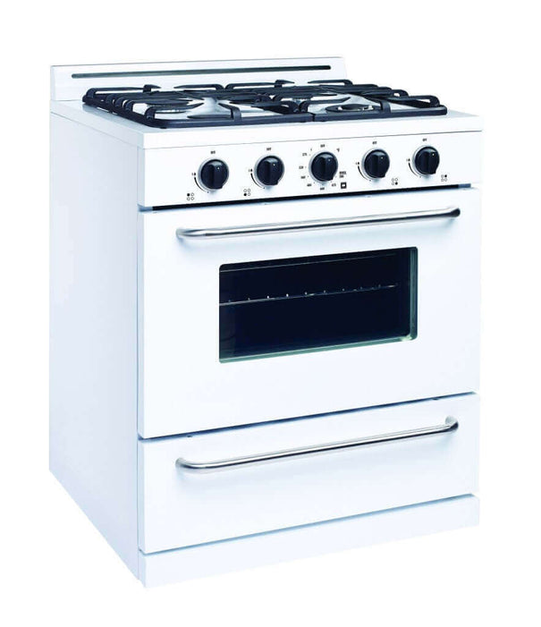 Unique 30" Classic Propane Range with cast-iron grates, ideal for off-grid living from Cabin Depot. Efficient cooking and cleanup.