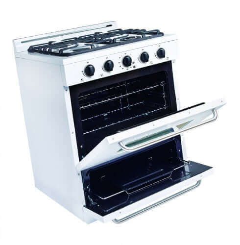 Unique 30" Classic Propane Range with cast-iron grates, off-grid battery ignition, available at Cabin Depot.