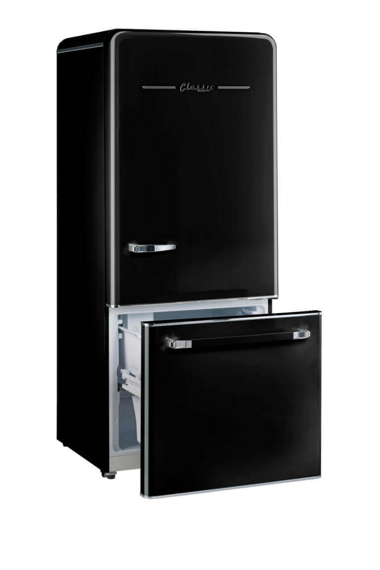 Classic Retro 18 Cu/Ft Bottom Mount Refrigerator in Black, ENERGY STAR Certified, available at Cabin Depot for efficient family usage.
