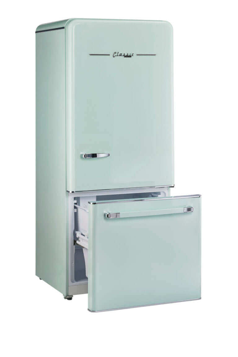 Cabin Depot 120V 18 Cu/Ft Classic Retro Bottom Mount Refrigerator in White with Energy Star certification, perfect for family kitchens.