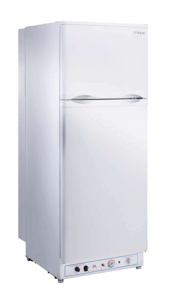Unique 8 Cu/Ft Propane Fridge With Freezer, white, available at Cabin Depot. Features larger 1.7 Cu/Ft freezer for optimal storage.