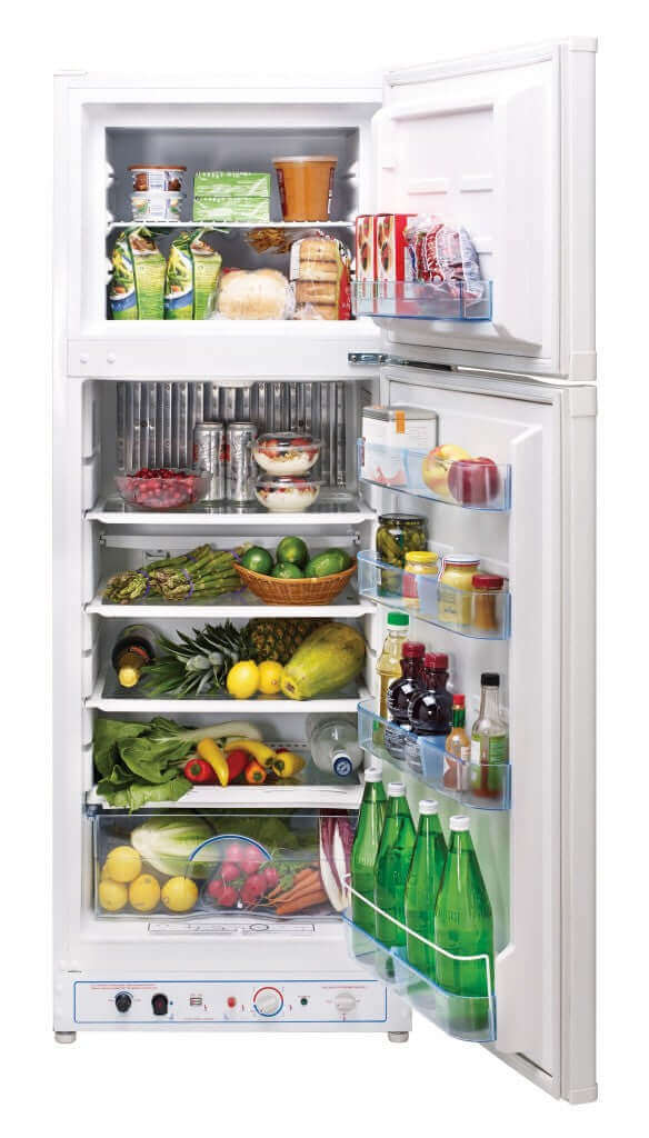 Unique 8 Cu/Ft Propane Fridge With Freezer, White, available at Cabin Depot, features spacious storage and large freezer section.