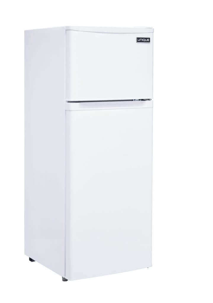 White Unique 6 Cu/Ft Solar DC Fridge with Freezer by Cabin Depot, energy-efficient 12/24V design for off-grid use.