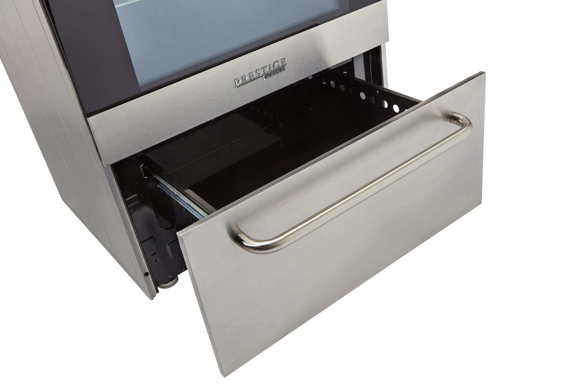 Unique Prestige 24" stainless convection gas range drawer open, electric ignition, compact design, available at Cabin Depot