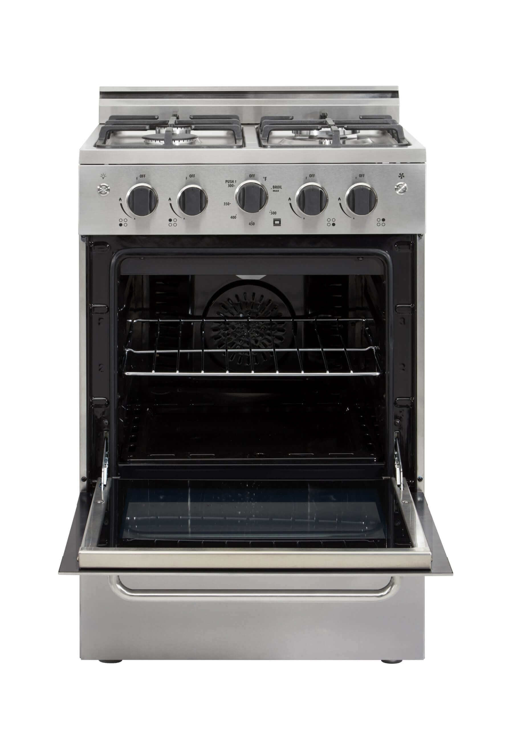 Unique Prestige 24" convection gas range with electric ignition, ideal for cabins or compact spaces, available at Cabin Depot.