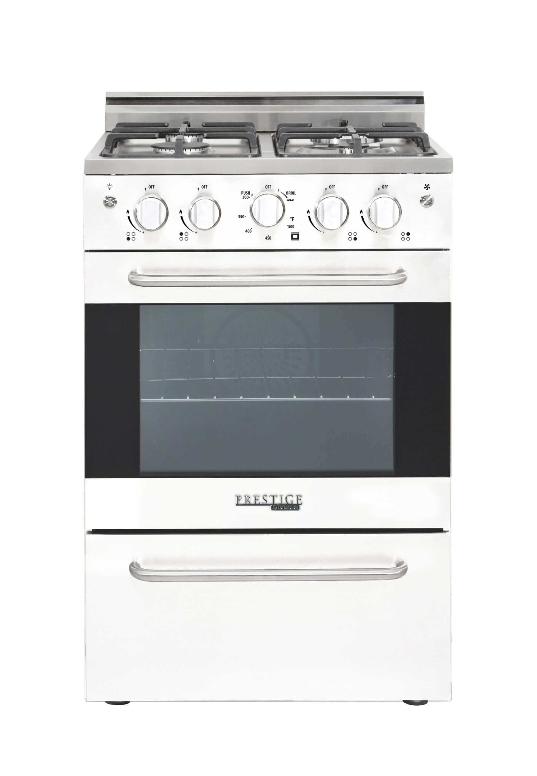Unique Prestige 24" Stainless Convection Gas Range with Electric Ignition, ideal for compact kitchens, available at Cabin Depot.