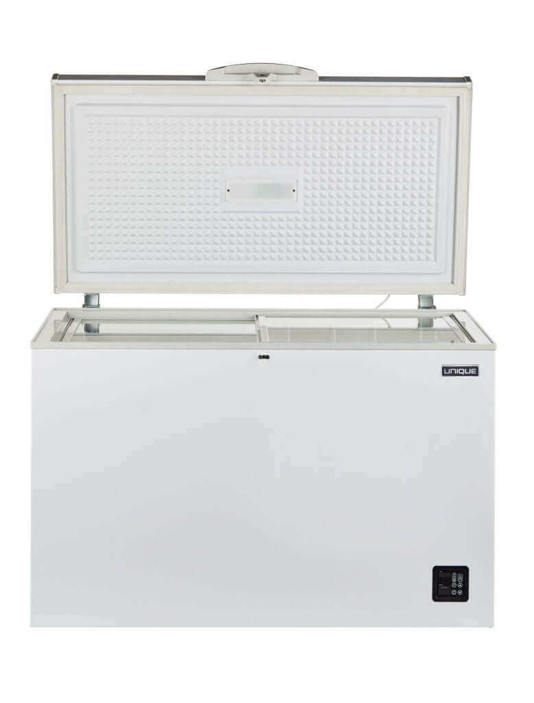 Unique 9.3 cu/ft Solar Powered DC Chest Freezer in white, available at Cabin Depot, featuring efficient Danfoss compressor and storage baskets.