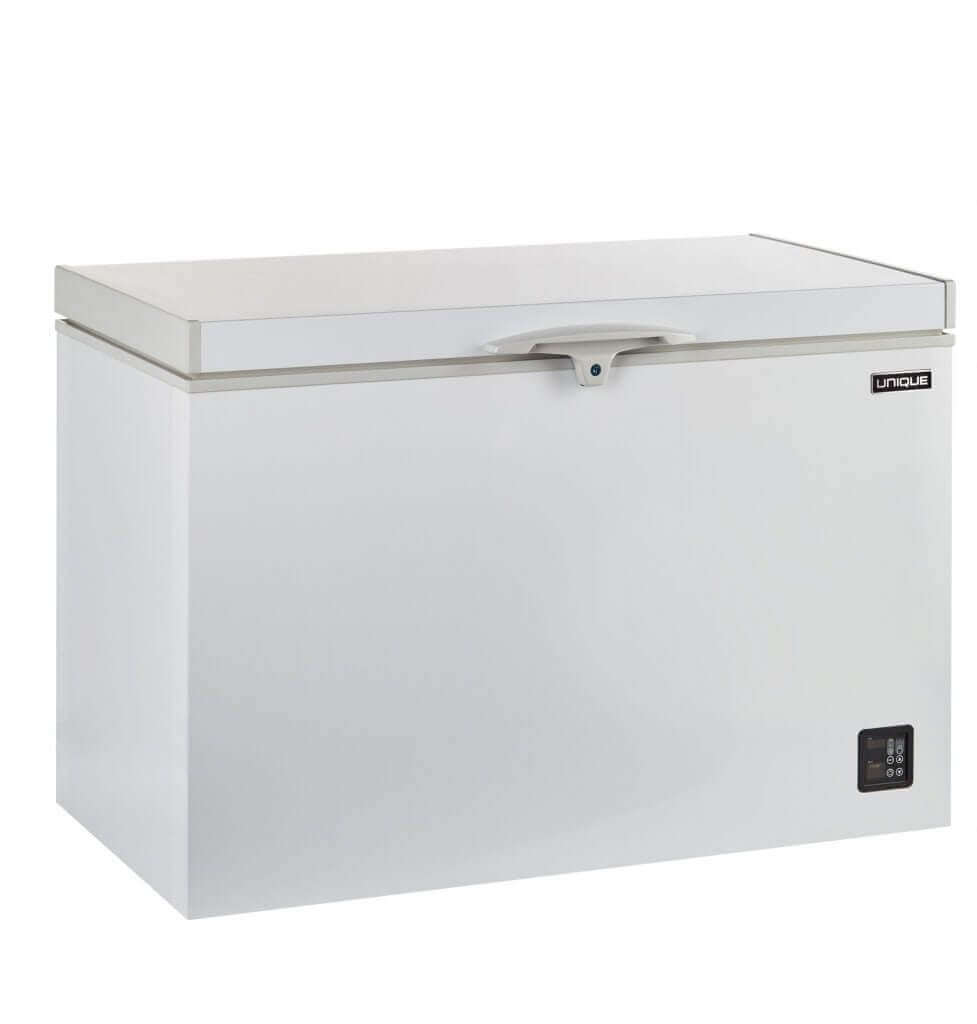 Unique 9.3 Cu/Ft Solar Powered DC Chest Freezer - White, energy-efficient with Danfoss compressor, available at Cabin Depot.