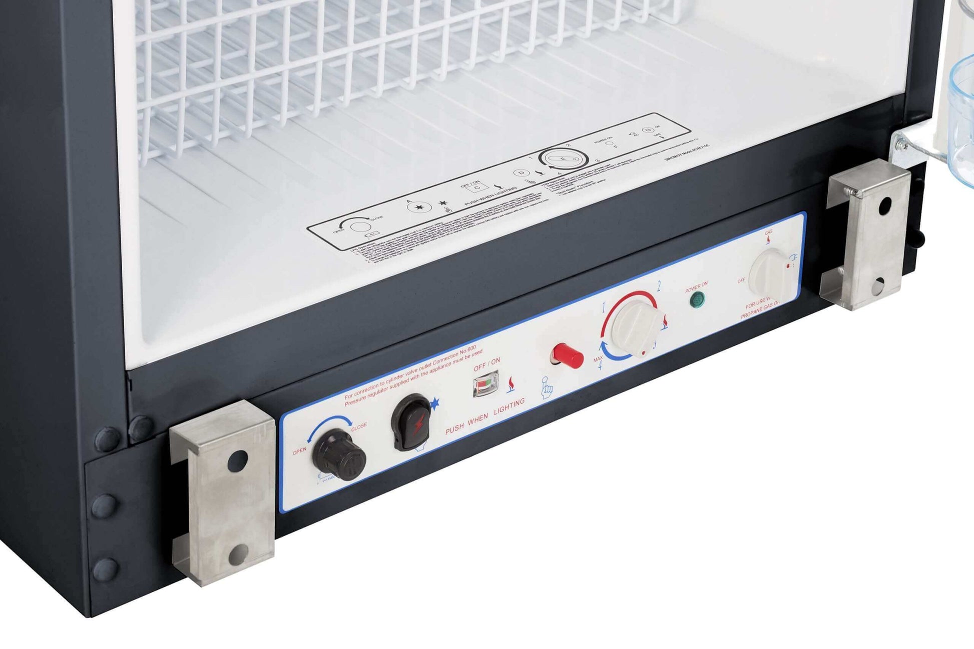 Control panel of Unique 14 Cu/Ft Propane Fridge, featuring modern design and efficiency, available at Cabin Depot for family kitchens.