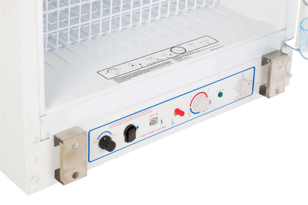 Control panel of Unique 14 Cu/Ft Propane Fridge, available at Cabin Depot, showing adjustable settings for efficient cooling.