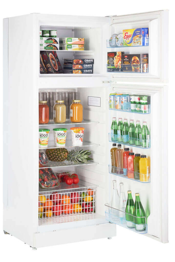 Unique 14 Cu/Ft Propane Fridge with glass shelves, ideal for family use at Cabin Depot. Offers ample storage for groceries and beverages.