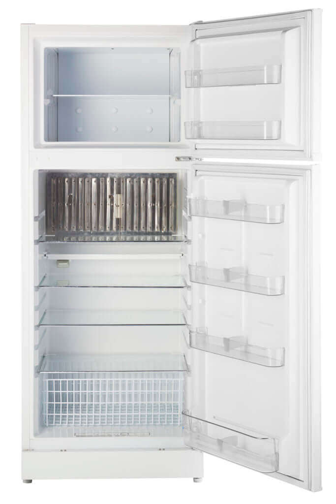 Open Unique 14 Cu/Ft Propane Fridge with removable shelves, ideal for cabins, available at Cabin Depot. Efficient storage for families.