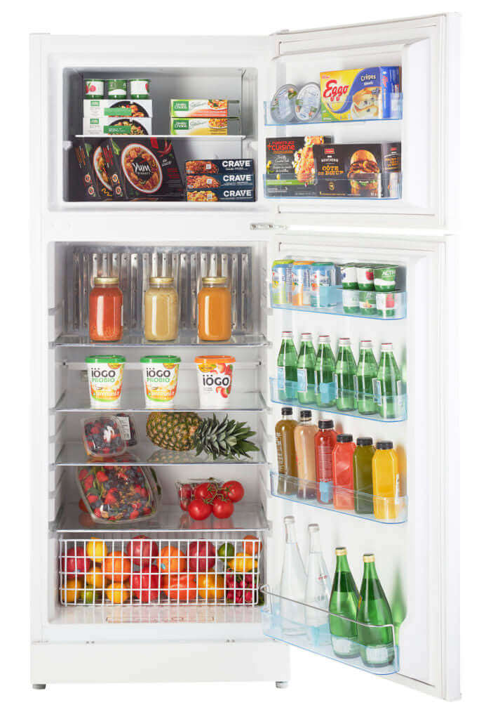 Unique 14 Cu/Ft Propane Fridge by Cabin Depot with open doors showing spacious, organized interior storage and adjustable shelves