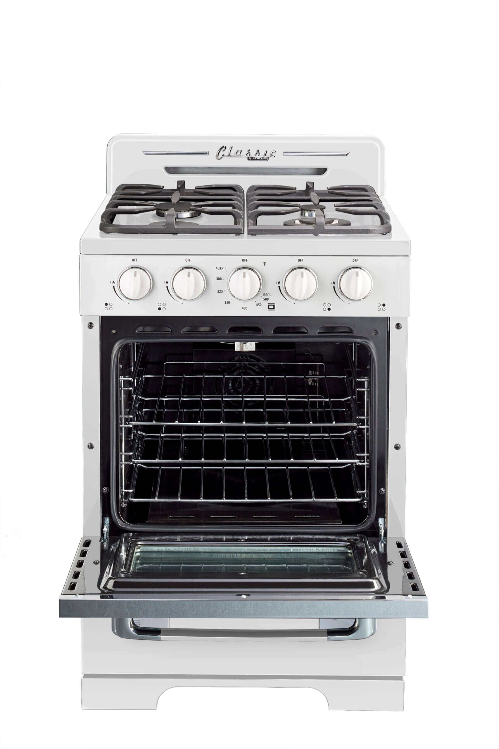 Unique 24-inch Classic Retro Propane Range with battery ignition in white, perfect for off-grid cabins. Available at Cabin Depot.