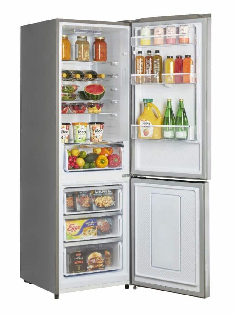 Unique 12 Cu/Ft Prestige Electric Bottom Mount Refrigerator in Stainless Steel available at Cabin Depot, open with stocked shelves.