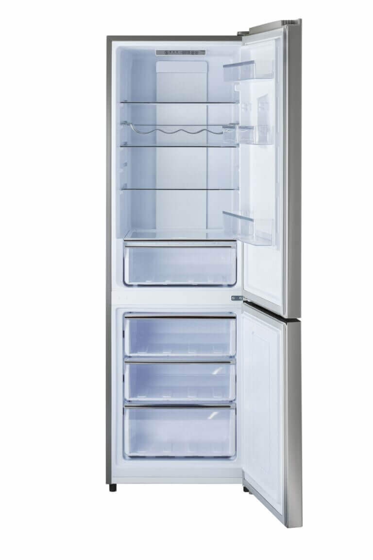 Prestige Electric Bottom Mount Refrigerator 12 Cu/Ft, Stainless Steel, available at Cabin Depot. Modern design with ample fridge space.