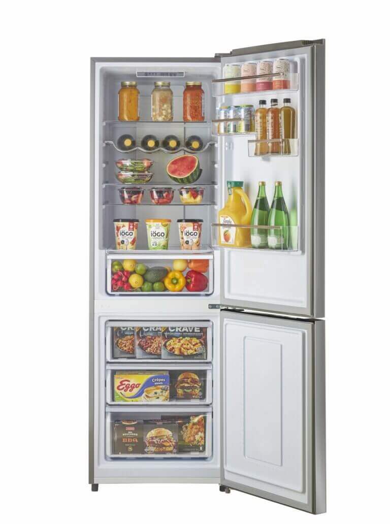 Cabin Depot Prestige 12 Cu/Ft Stainless Steel Bottom Mount Refrigerator with open door showcasing interior storage.