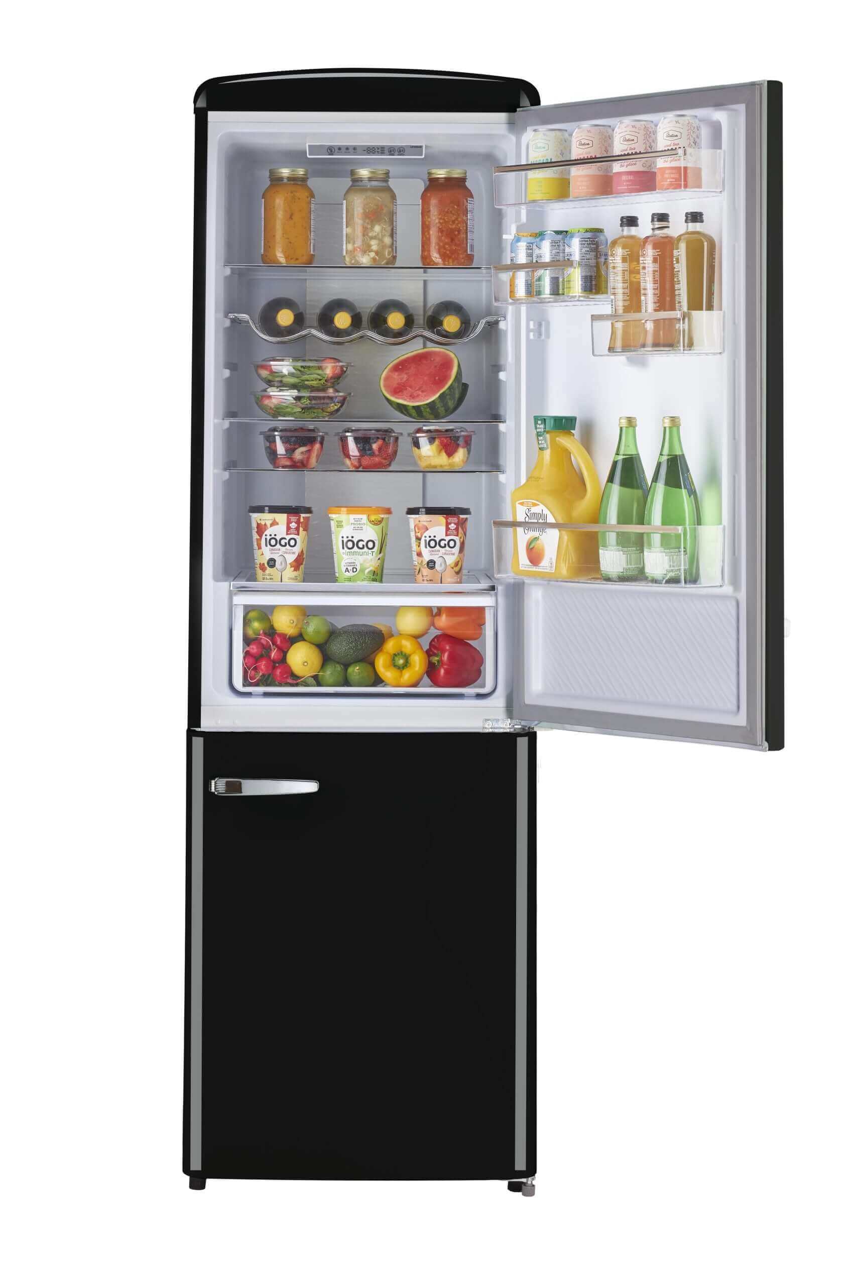 Unique Retro 12 Cu/Ft Bottom-Mount Black Refrigerator by Cabin Depot, open with stocked shelves showcasing ample storage space.