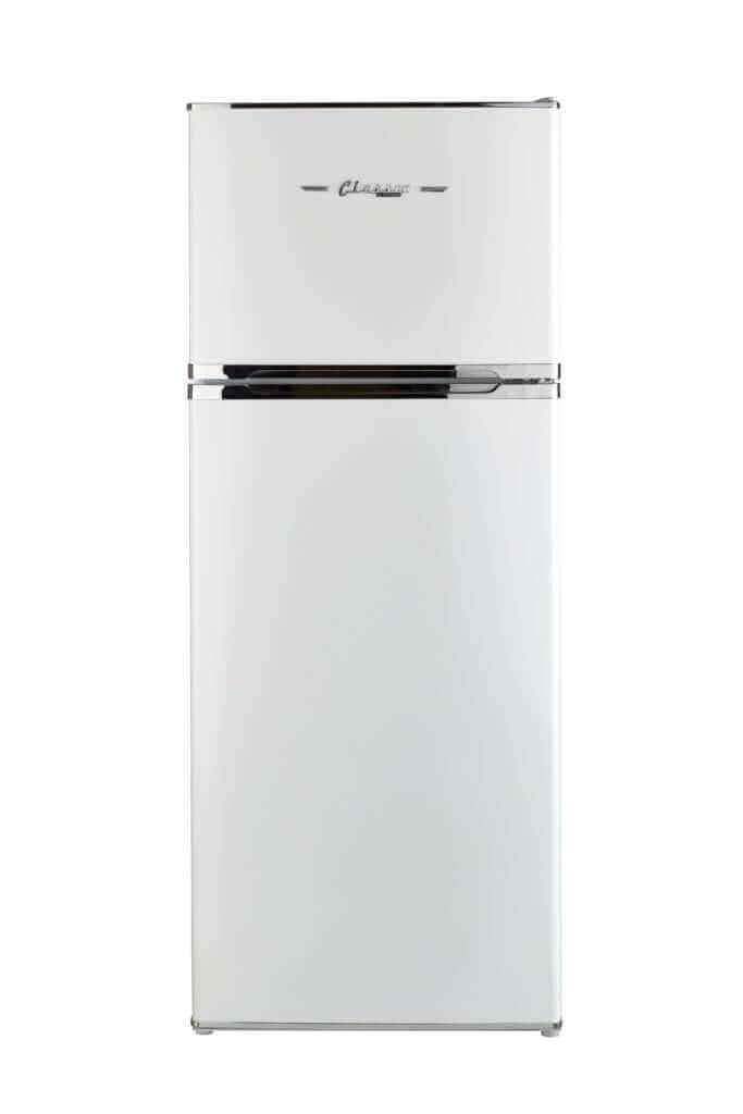 Unique 14 Cu/Ft Retro Solar DC Fridge in White, mid-century design, chrome accents, energy-efficient for off-grid living - Cabin Depot.