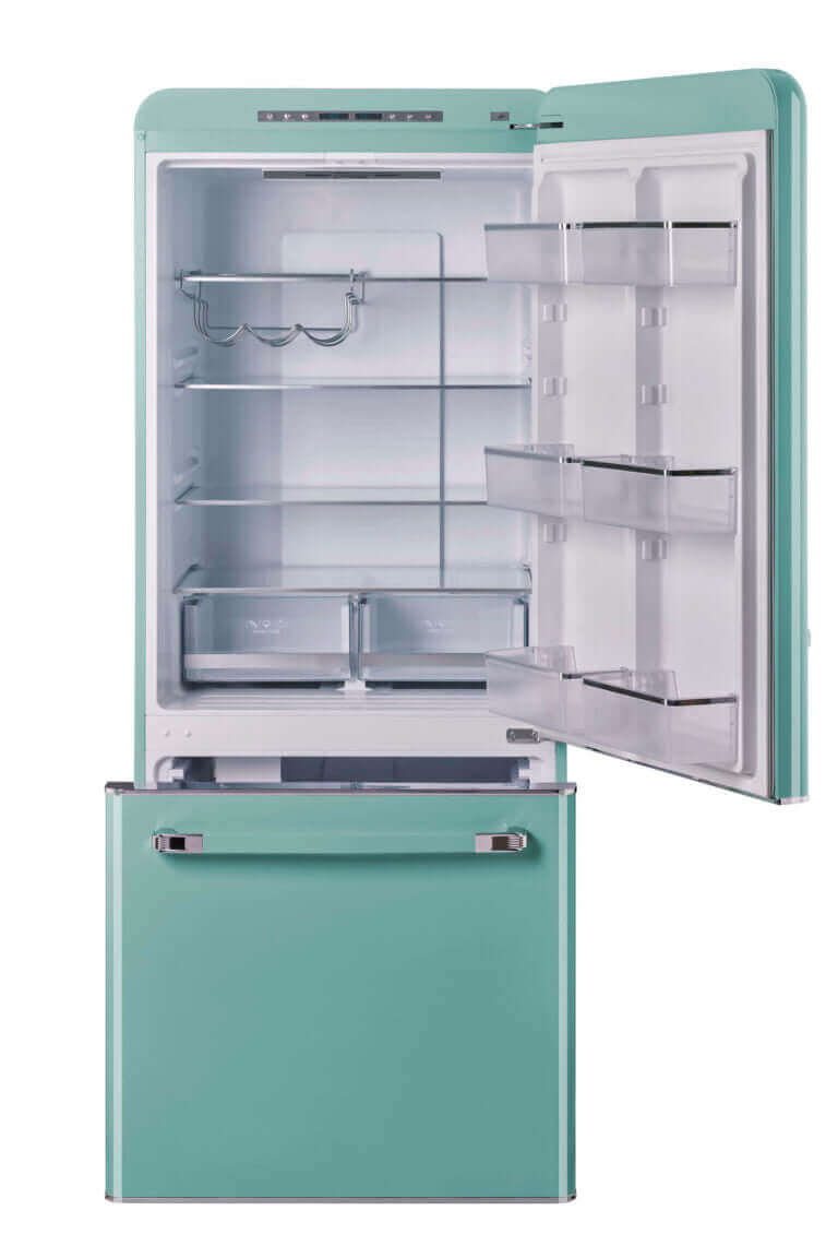 Classic Retro 18 cu. ft. bottom mount refrigerator in mint, ENERGY STAR Certified from Cabin Depot, with open door showing ample interior space.