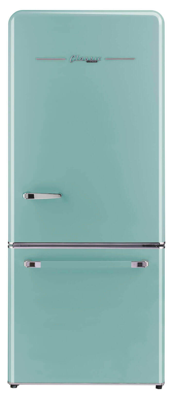 Unique 120V 18 Cu/Ft Classic Retro Bottom Mount Refrigerator in white, distributed by Cabin Depot, featuring ENERGY STAR efficiency and vintage design.