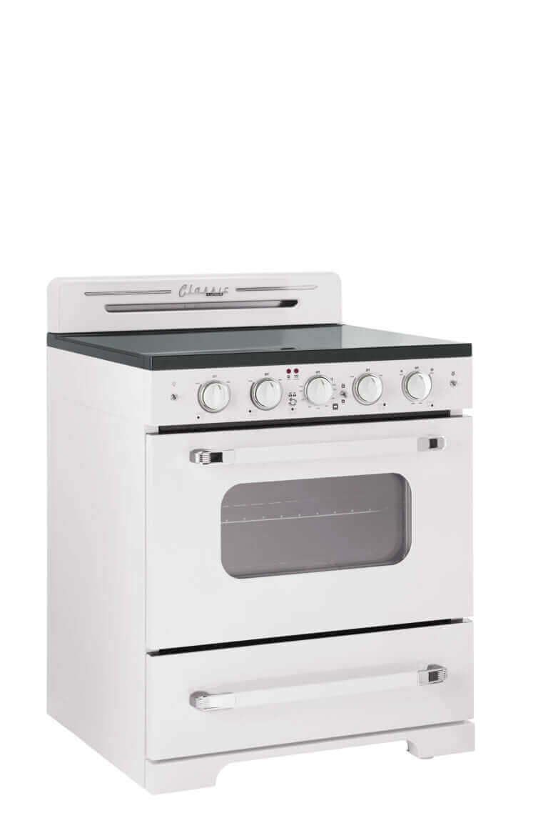 Unique 30" Classic Retro Electric Range with SmoothTop at Cabin Depot, featuring a sleek glass cooktop and iconic '50s design.