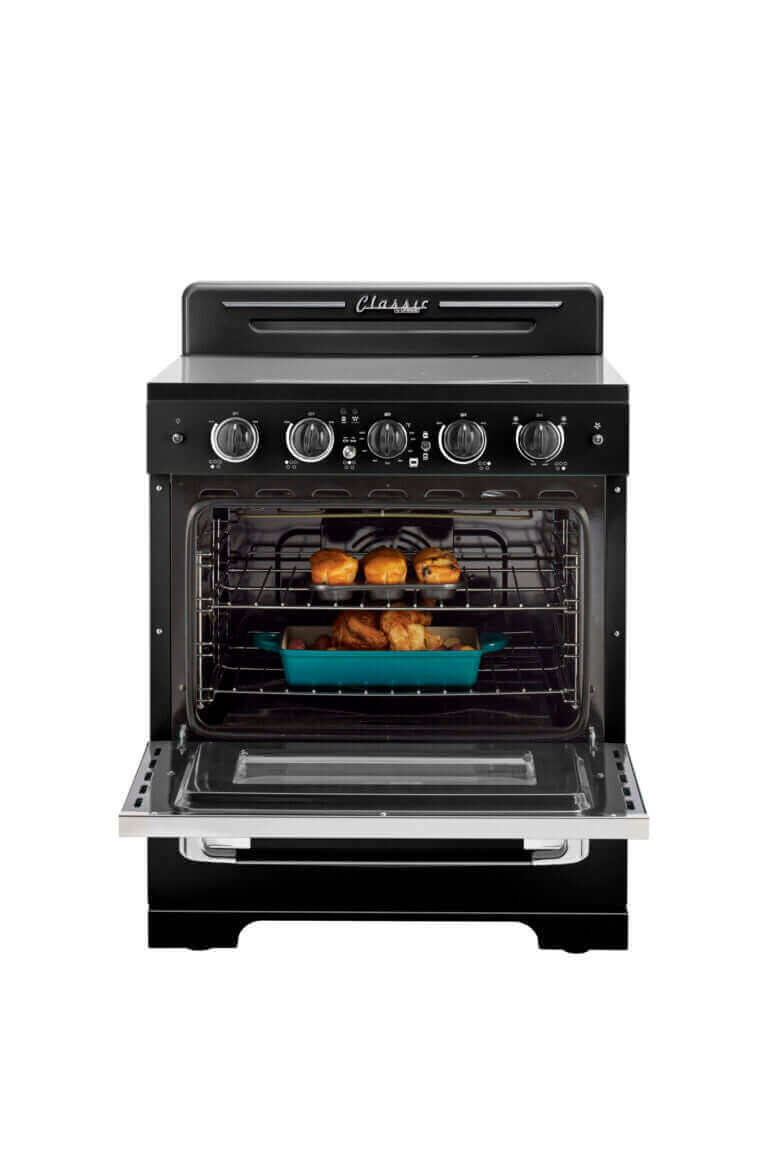Unique 30" Classic Retro Electric Range with Convection Oven, available at Cabin Depot, featuring chrome accents and a smooth glass surface.