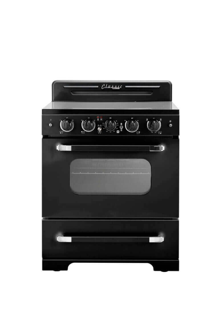 Classic Retro Electric Range with Convection Oven, 30-inch, smooth top, by Cabin Depot, featuring iconic 1950s design and chrome accents.