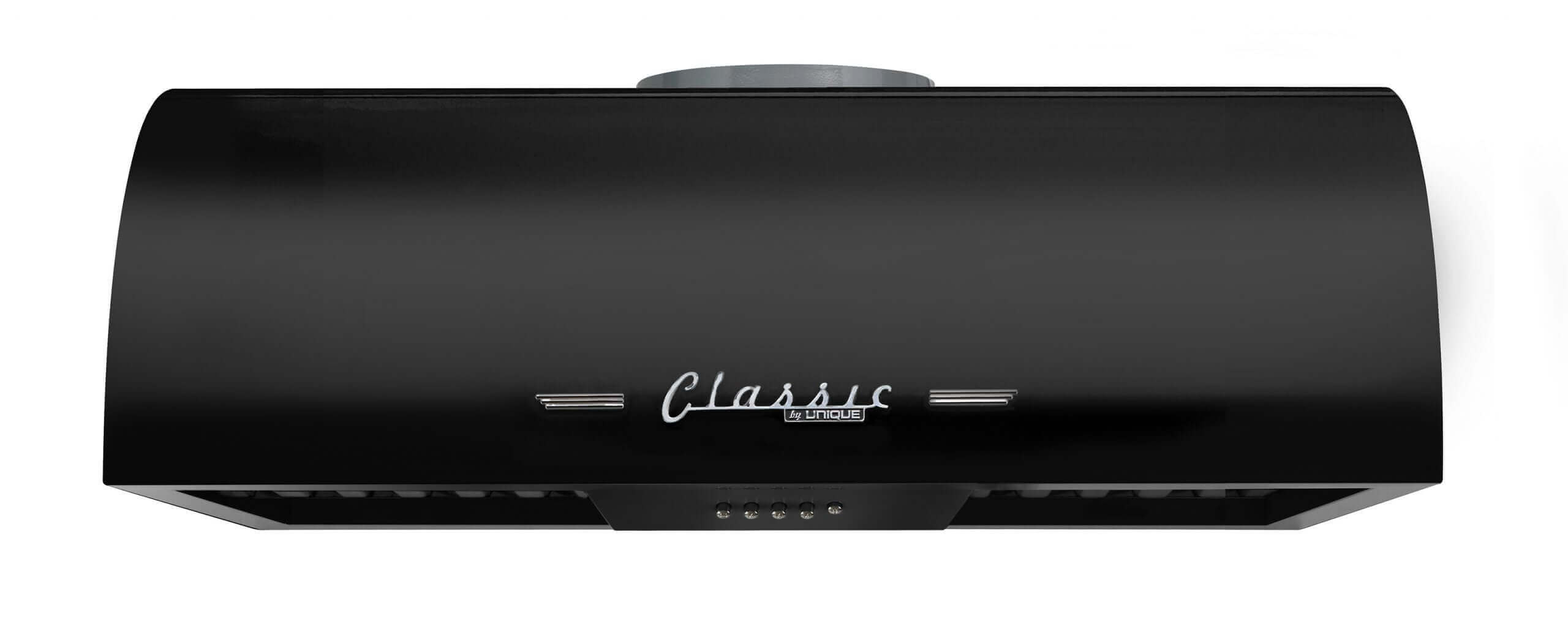 Alt Tag: Unique 24" Classic Retro Range Hood in black, compact 50s design, perfect for retro kitchens, available at Cabin Depot.