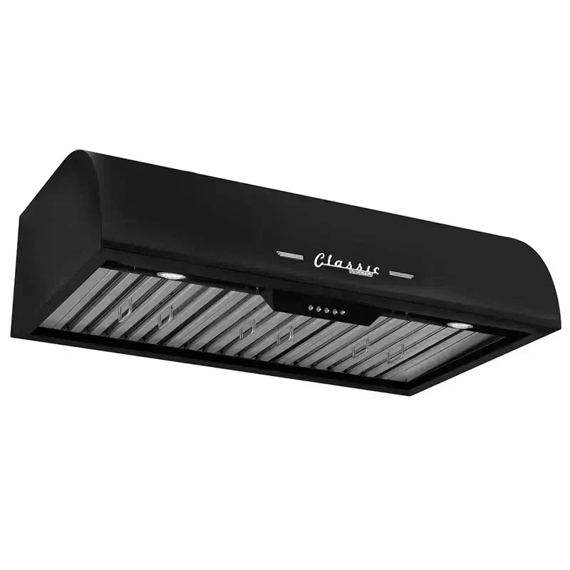 Alt Tag: Unique 36" Classic Retro Range Hood from Cabin Depot in black, featuring iconic 50s design with chrome accents and LED lighting.