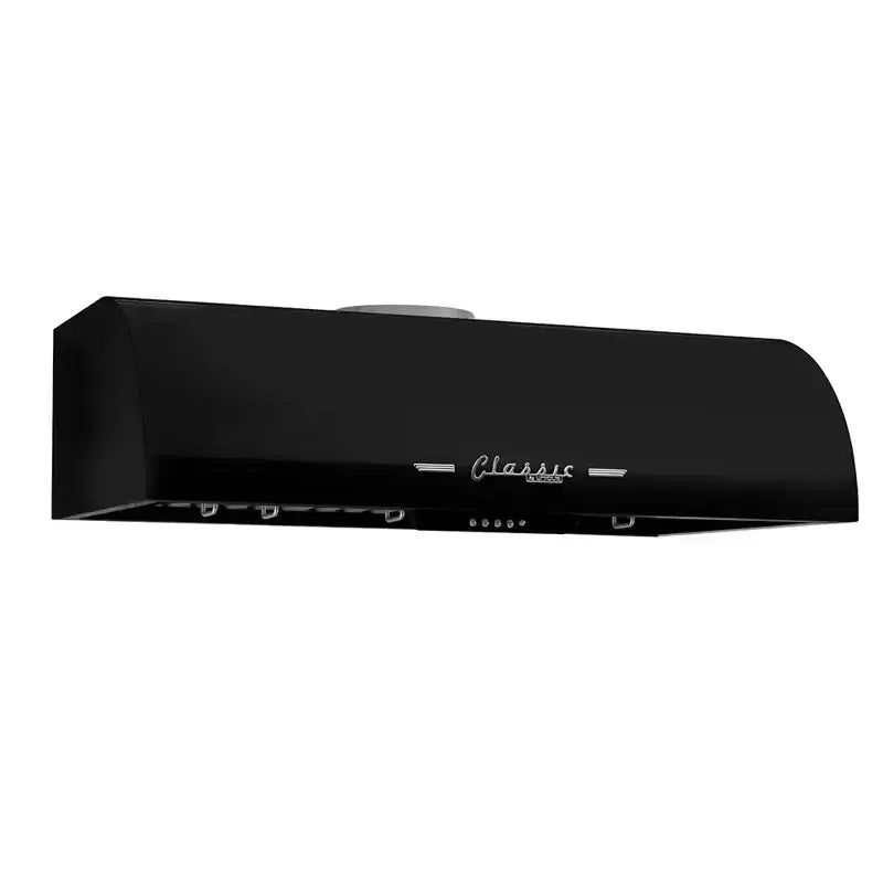 Unique 36" Classic Retro Range Hood in black featuring vintage design and chrome accents; available at Cabin Depot.