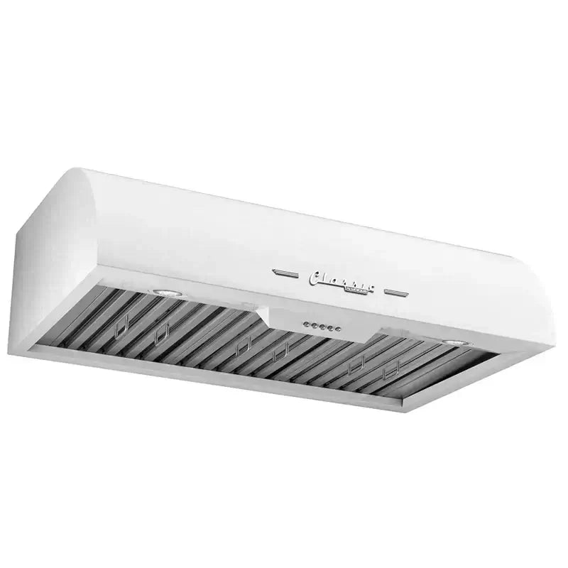 Unique 36" Classic Retro Range Hood with dual motors and retro design, available at Cabin Depot, featuring chrome accents and LED lights.