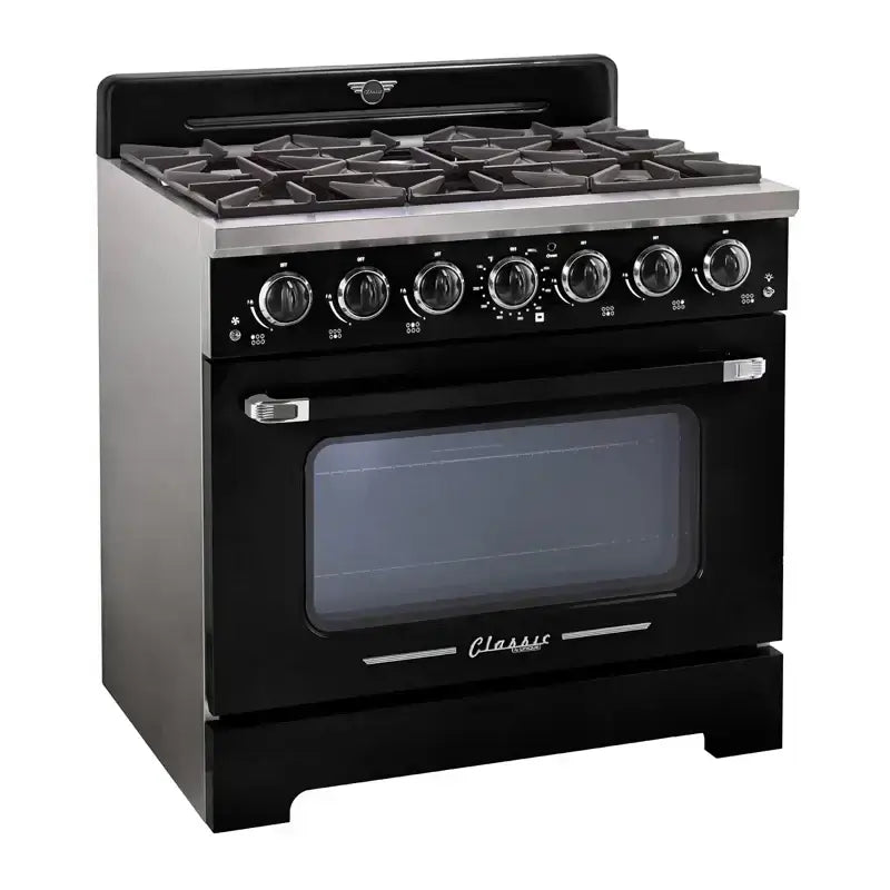 Unique 36" Classic Retro Convection Gas Range with Electronic Ignition, available at Cabin Depot, featuring chrome accents and zinc handles.