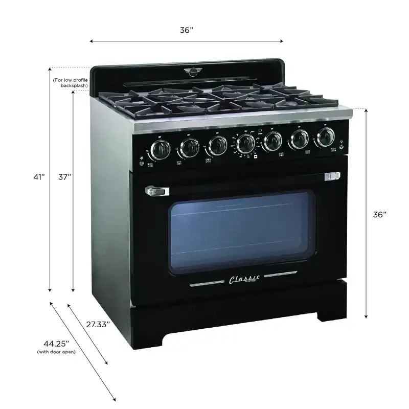 Unique 36" Classic Retro Convection Gas Pro Range with electronic ignition and chrome accents available at Cabin Depot.