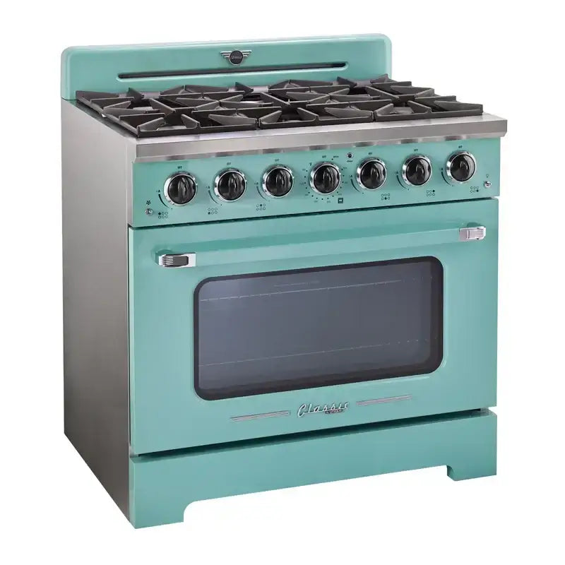36" Classic Retro Convection Gas Pro Range in seafoam green with chrome accents, available at Cabin Depot. Enhance your kitchen’s retro style.