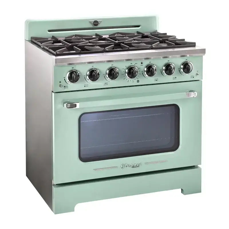 Unique 36-inch Classic Retro Convection Gas Range, Cabin Depot exclusive, vintage green with chrome accents for 1950s style kitchen.