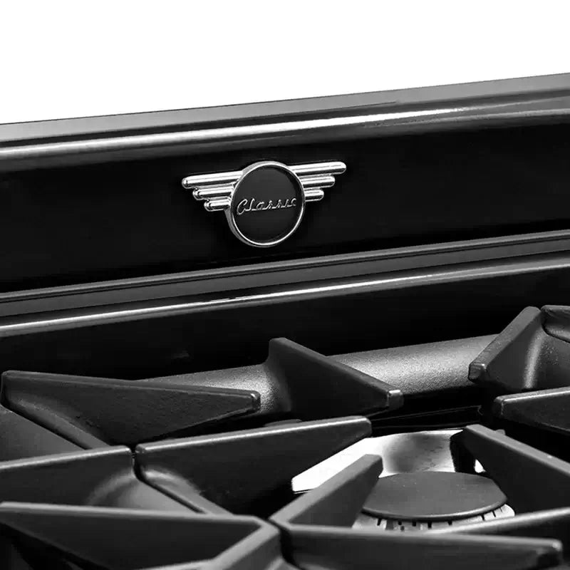 Close-up of the Classic Retro Convection Gas Pro Range design detail from Cabin Depot, featuring retro styling and electronic ignition.